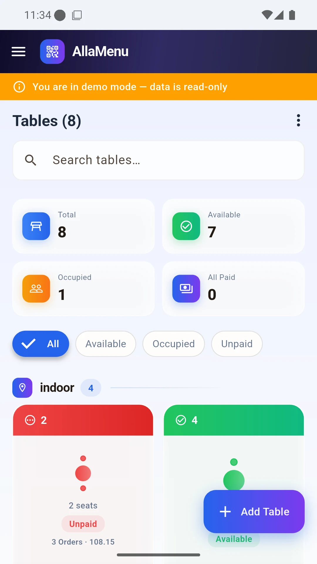 The waiter and staff app on a phone — Tables
